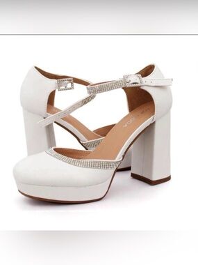 White Rhinestone Ankle Strap Heels